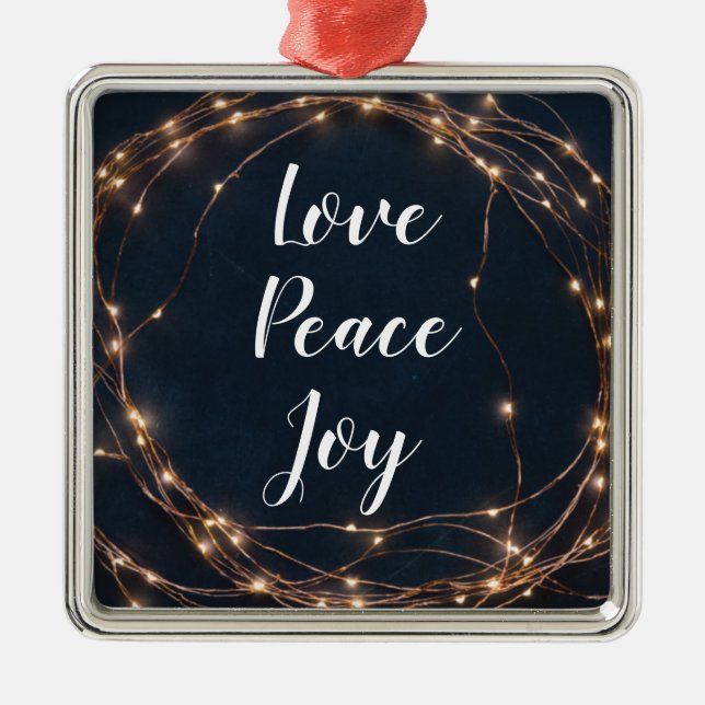 Christmas Tree Lights | Love Peace Joy Custom Text Metal Ornament (Front)