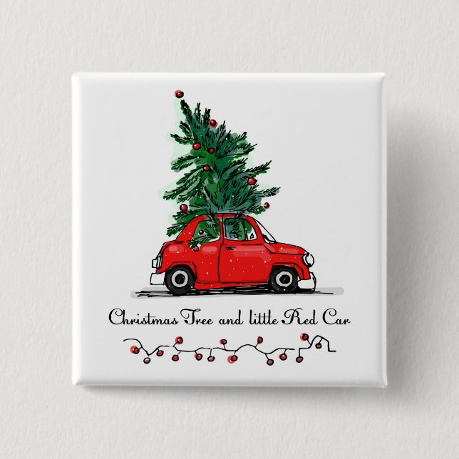 Christmas Tree & Little Red Car 2 Inch Square Button (Front)
