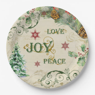 Christmas Tree Love Joy Peace Holly Typography Art Paper Plate