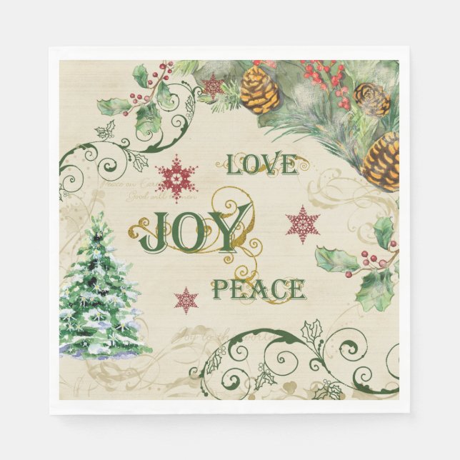 Christmas Tree Love Joy Peace Holly Typography Napkin (Front)
