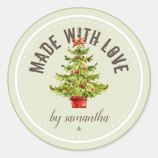 Christmas Tree | Made With Love | Personalized Classic Round Sticker (Front)