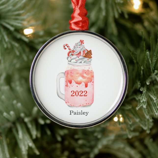 Christmas Tree Mason Jar Peppermint Milkshake Year Metal Ornament (Tree)