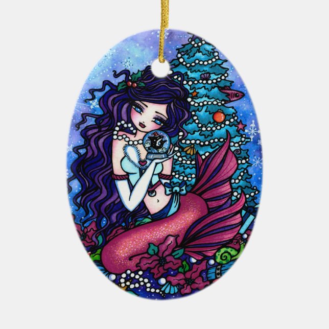 Christmas Tree Mermaid Presents Art by Hannah Lynn Ceramic Ornament (Front)