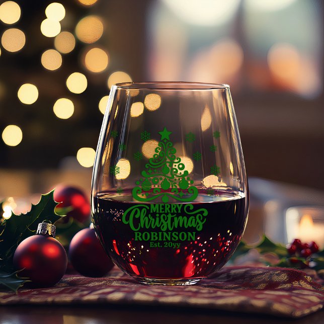 Christmas Tree Merry Christmas Family Name Date Stemless Wine Glass (Green Holiday Tree "Merry Christmas" Family Name and Year Established Stemless Wine Glasses )