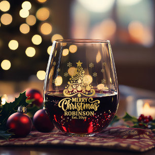Christmas Tree Merry Christmas Family Name Date Stemless Wine Glass