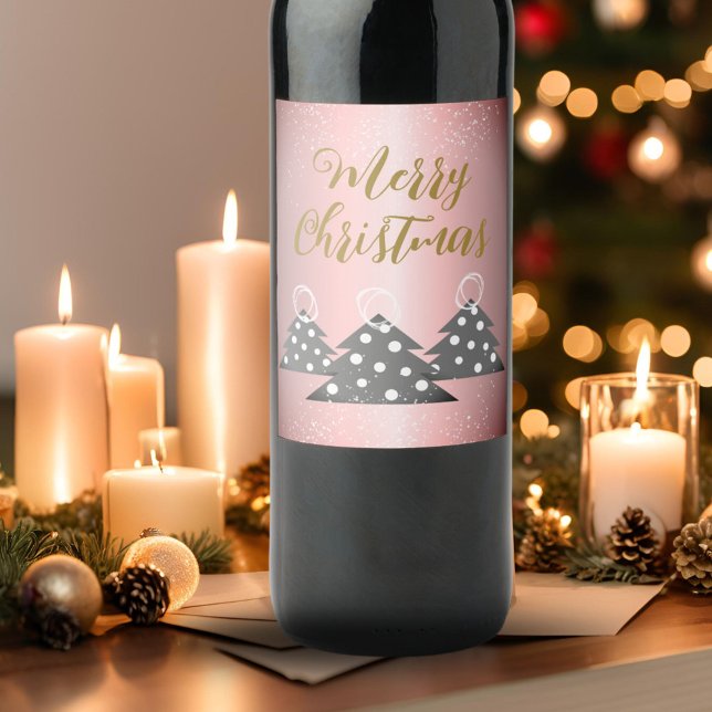 Christmas Tree Metallic Pink Script Holiday  Wine Label (Creator Uploaded)