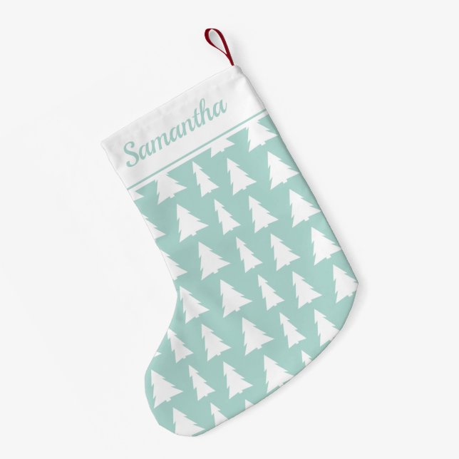 Christmas Tree Mint Green Pattern with Custom Name Small Christmas Stocking (Back (Hanging))