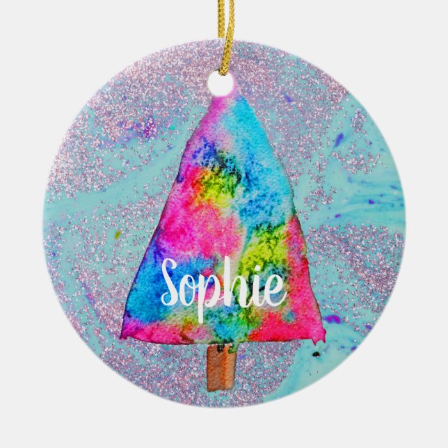 Christmas tree modern funky colors name ceramic ornament (Front)