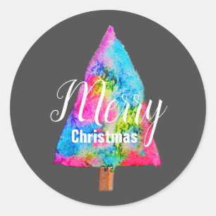 Christmas tree modern funky colours blue and pink classic round sticker