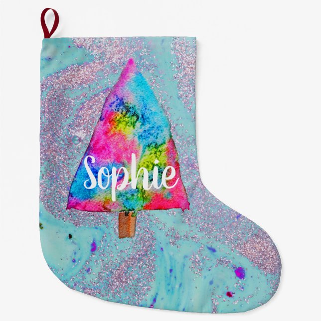Christmas tree modern funky colours name large christmas stocking (Front)