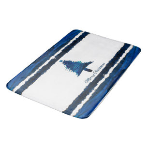 Christmas Tree Modern Holiday Pattern Blue Bath Mat