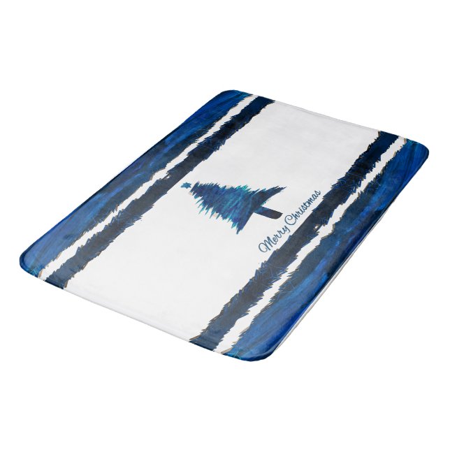 Christmas Tree Modern Holiday Pattern Blue Bath Mat (Angled)