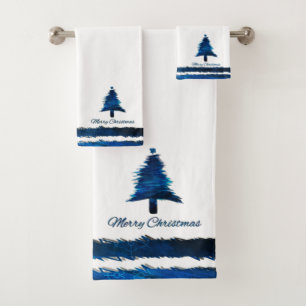 Christmas Tree Modern Holiday Pattern Blue Bath Towel Set