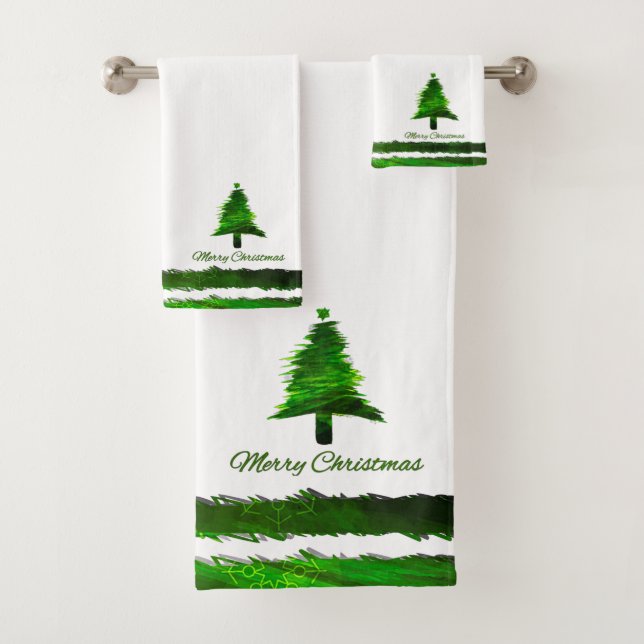 Christmas Tree Modern Holiday Pattern Green Bath Towel Set (Insitu)