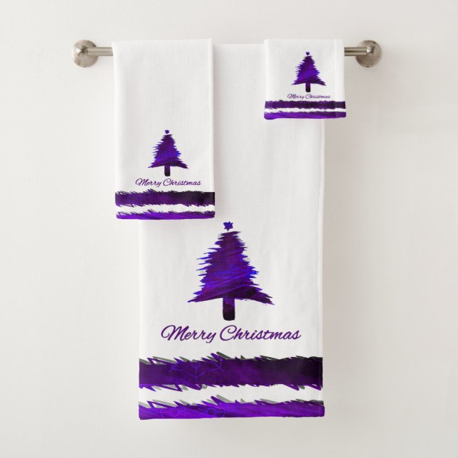 Christmas Tree Modern Holiday Pattern Purple Bath Towel Set (Insitu)