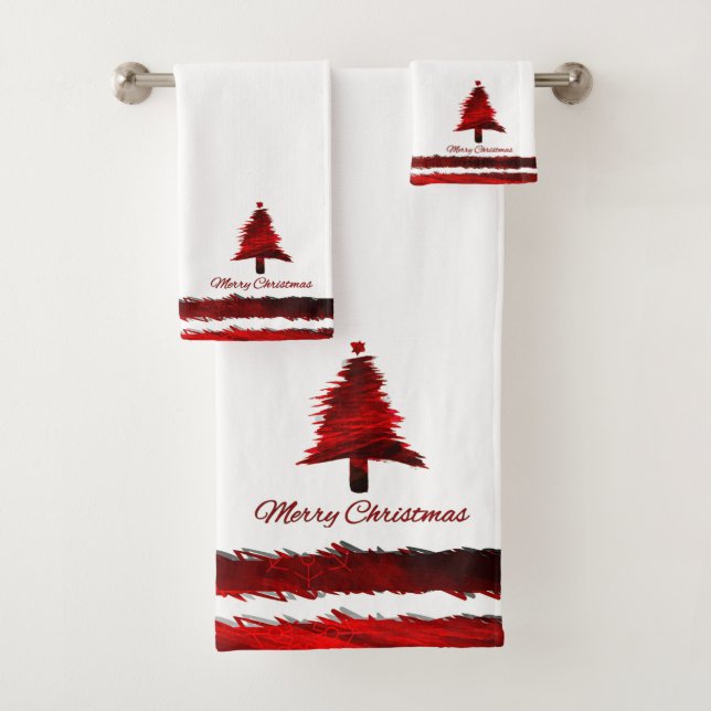 Christmas Tree Modern Holiday Pattern Red Bath Towel Set (Insitu)