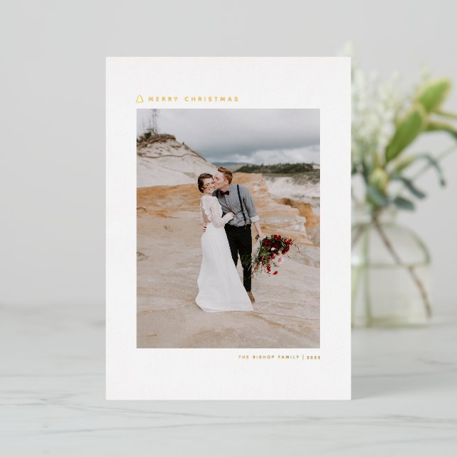 Christmas Tree Modern Minimalist Merry Christmas Foil Holiday Card (Standing Front)