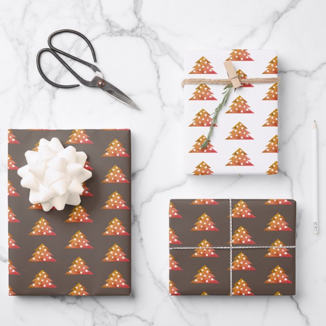 Christmas Tree Modern Orange Brown Pattern Wrapping Paper Sheet (Front)