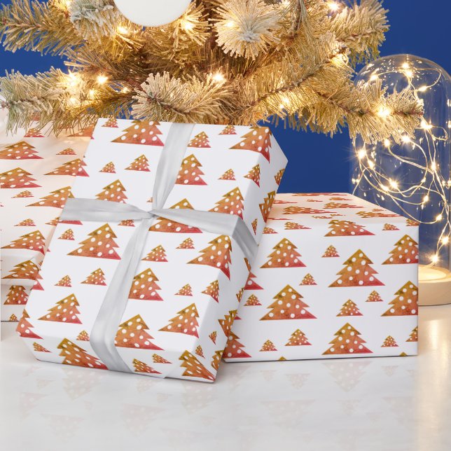 Christmas Tree Modern Orange Red Holiday Pattern Wrapping Paper (Holidays)