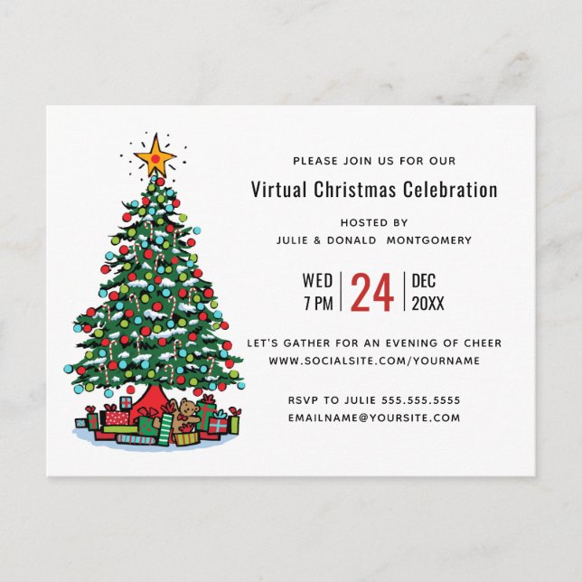 Christmas Tree Modern Virtual Holiday Party Invitation Postcard (Front)
