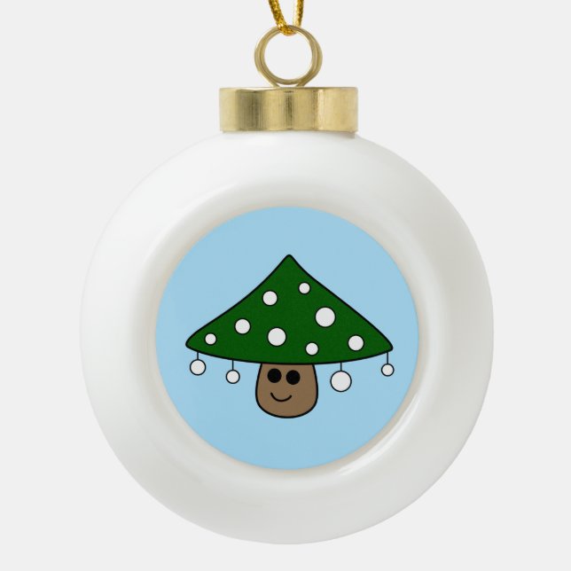 Christmas Tree Mushroom Ceramic Ball Ornament (Front)