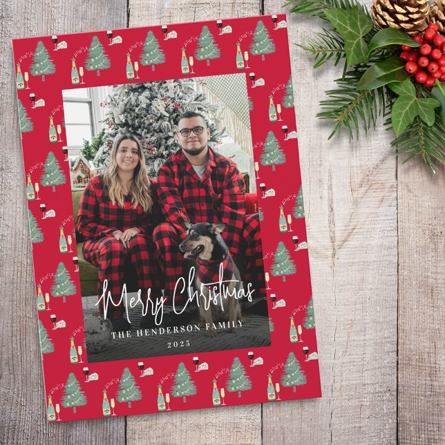 Christmas Tree Music Wine Cheese Custom Photo Holiday Card (Whimsical Watercolor festive tree wine cheese music christmas photo red holiday card)