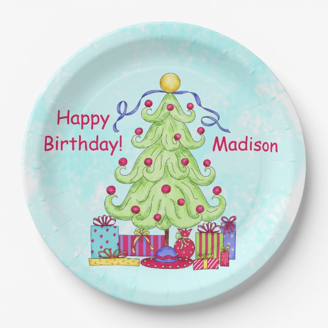 Christmas Tree Name Personalized Happy Birthday Paper Plate (Front)