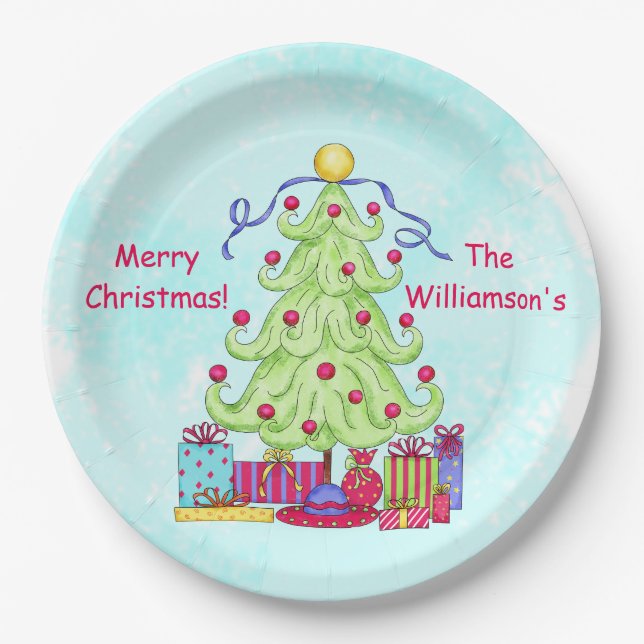 Christmas Tree Name Personalized Turquoise Party Paper Plate (Front)