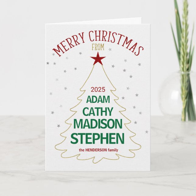 Christmas Tree Names Golden Coloured Stars Holiday Card (Front)