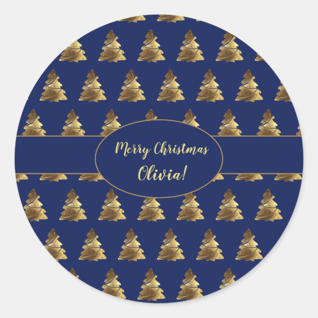Christmas Tree Navy Blue and Gold Elegant Classic Round Sticker (Front)