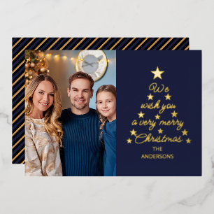 Christmas Tree Navy Blue Gold Stars Family Photo Foil Holiday Card