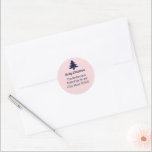 Christmas Tree Navy Blue Pale Pink Return Address Classic Round Sticker<br><div class="desc">You can personalize navy blue text with your personalized message and name. At the top, you can customize the navy blue script that says "Merry Christmas". There's additional navy blue display text that you can edit to show your name and return address. This pale pink sticker has a navy blue...</div>