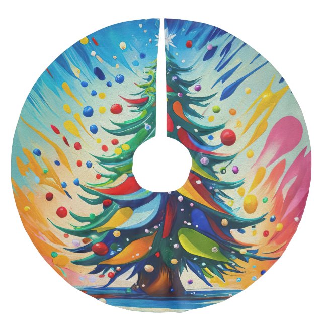 Christmas tree oil painting brushed polyester tree skirt (Front)