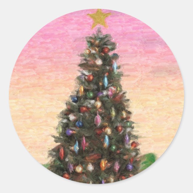 Christmas Tree : Oil Painting Classic Round Sticker (Front)