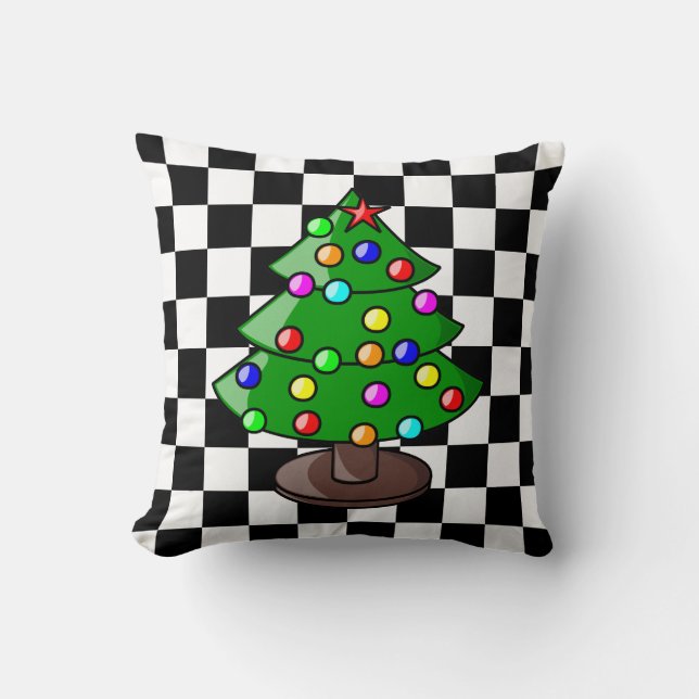 Christmas Tree on Black and White Chequered Backgr Throw Pillow (Front)