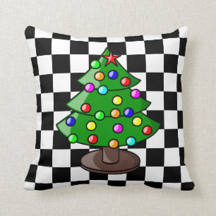 Christmas Tree on Black and White Chequered Backgr Throw Pillow