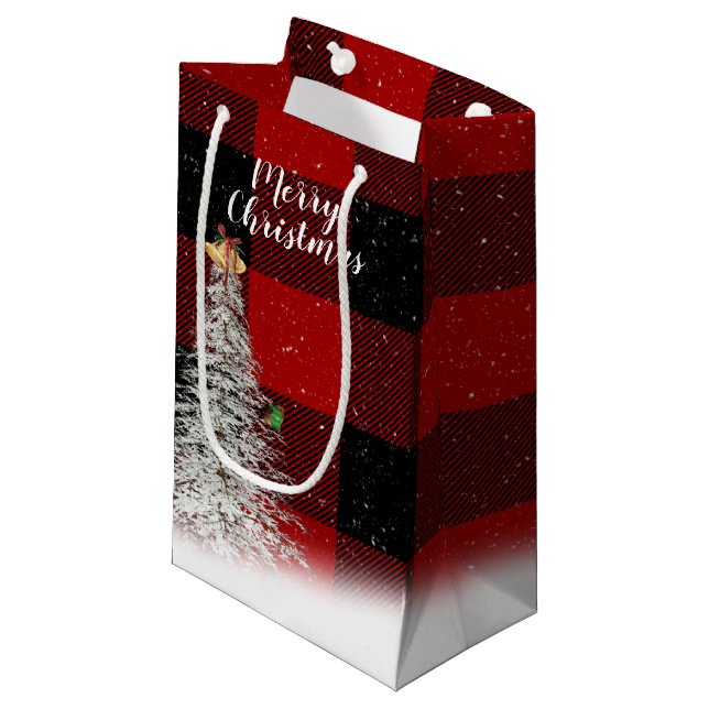 Christmas tree on buffalo plaid small gift bag (Front Angled)