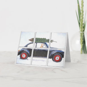 Christmas tree on car with dog in snowy window card