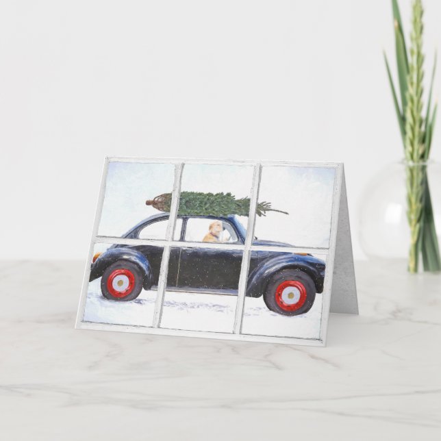 Christmas tree on car with dog in snowy window card (Front)