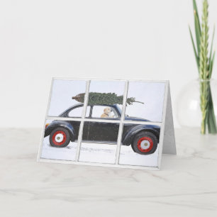 Christmas tree on car with dog in snowy window card