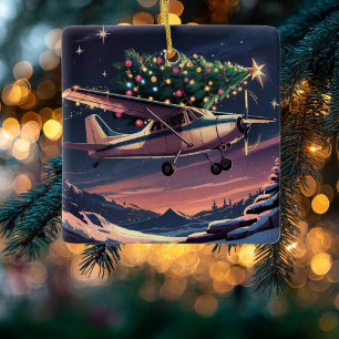 Christmas Tree on Cessna Airplane Photo Funny Ceramic Ornament