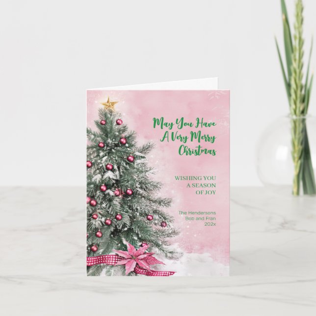 Christmas Tree on Pink  Holiday Card (Front)
