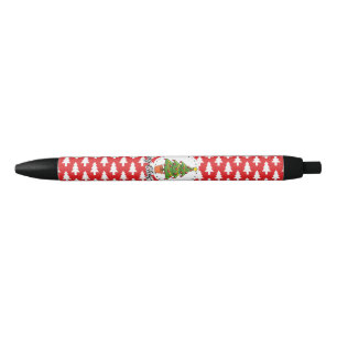 Christmas Tree on Red Pines Pattern - Merry Xmas Black Ink Pen