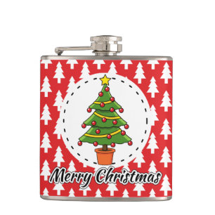 Christmas Tree on Red Pines Pattern - Merry Xmas Hip Flask
