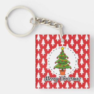 Christmas Tree on Red Pines Pattern - Merry Xmas Keychain