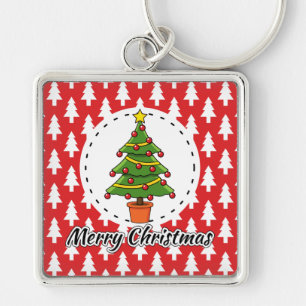 Christmas Tree on Red Pines Pattern - Merry Xmas Keychain