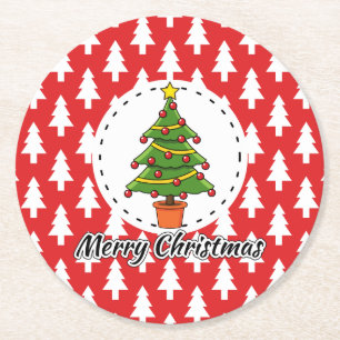 Christmas Tree on Red Pines Pattern - Merry Xmas Round Paper Coaster