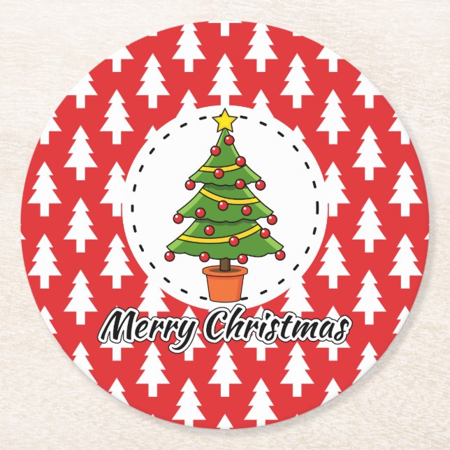 Christmas Tree on Red Pines Pattern - Merry Xmas Round Paper Coaster (Front)