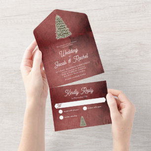 Christmas Tree on Red Wood Rustic Wedding All In One Invitation