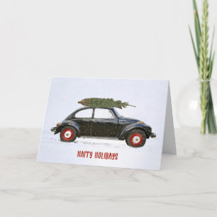 Christmas tree on retro car in snowflakes card